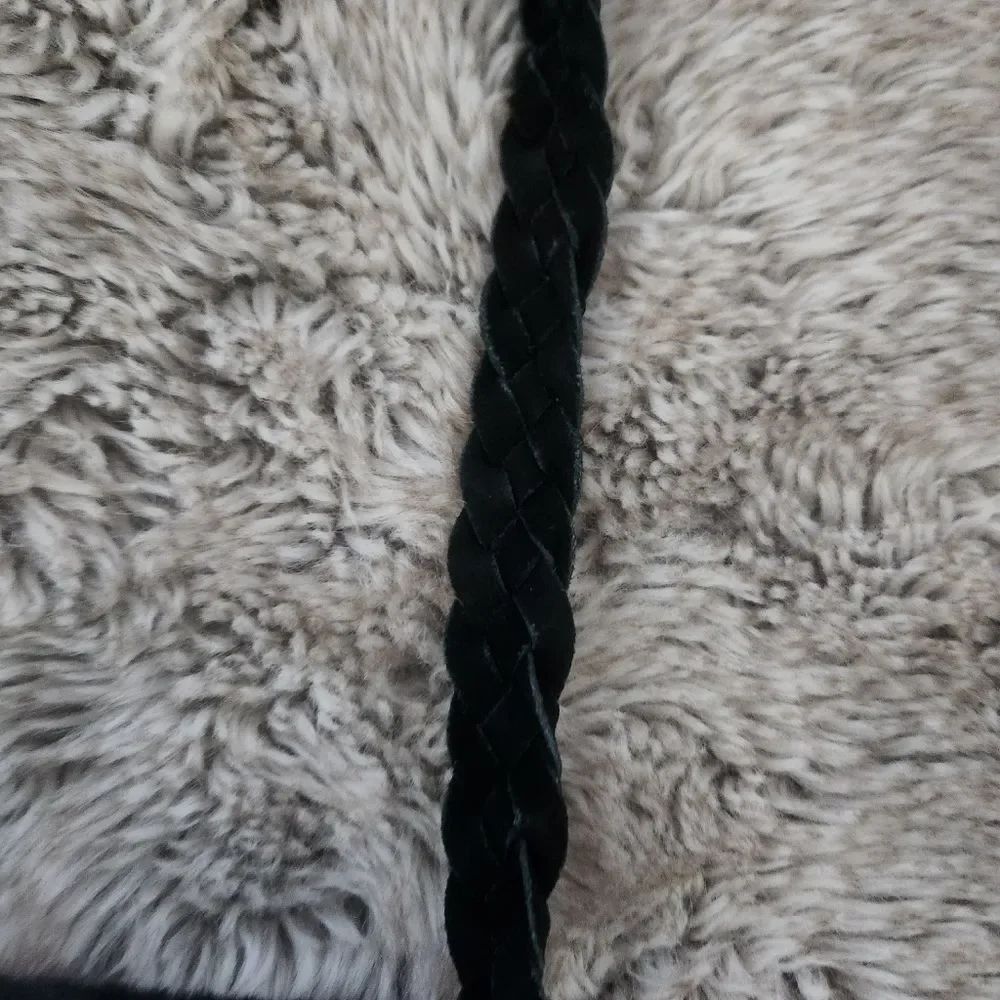 dennis basso Faux Fur Shearling Trim Suede Braided Strap Shoulder Bag Black‎